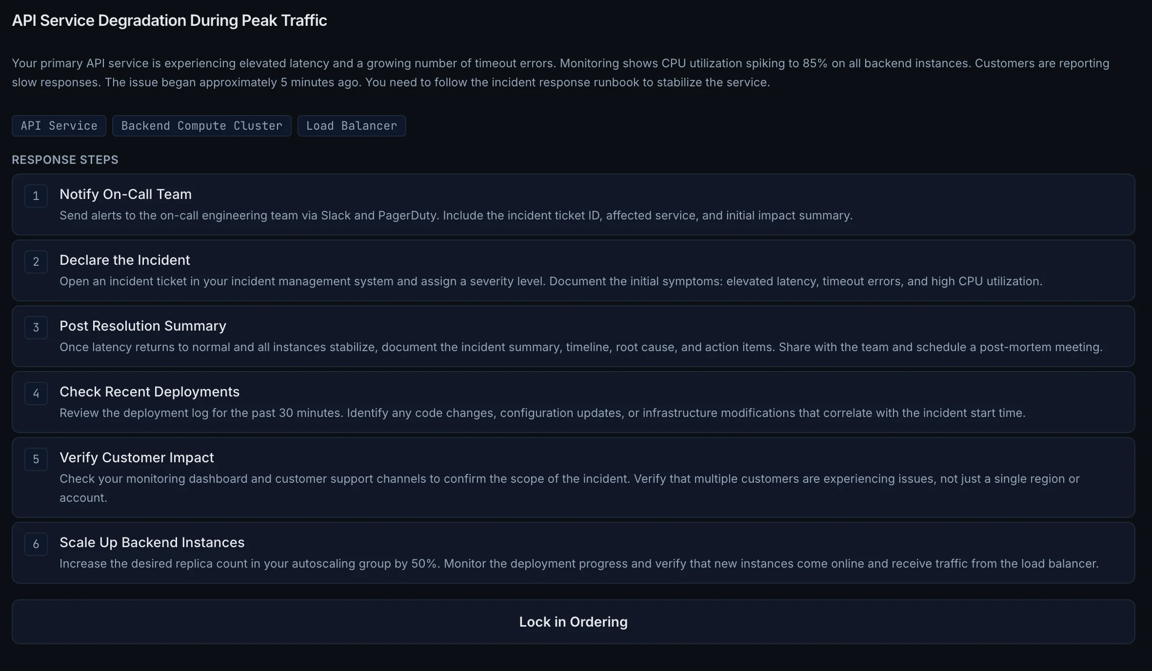 Runbook Ordering exercise showing draggable incident response steps