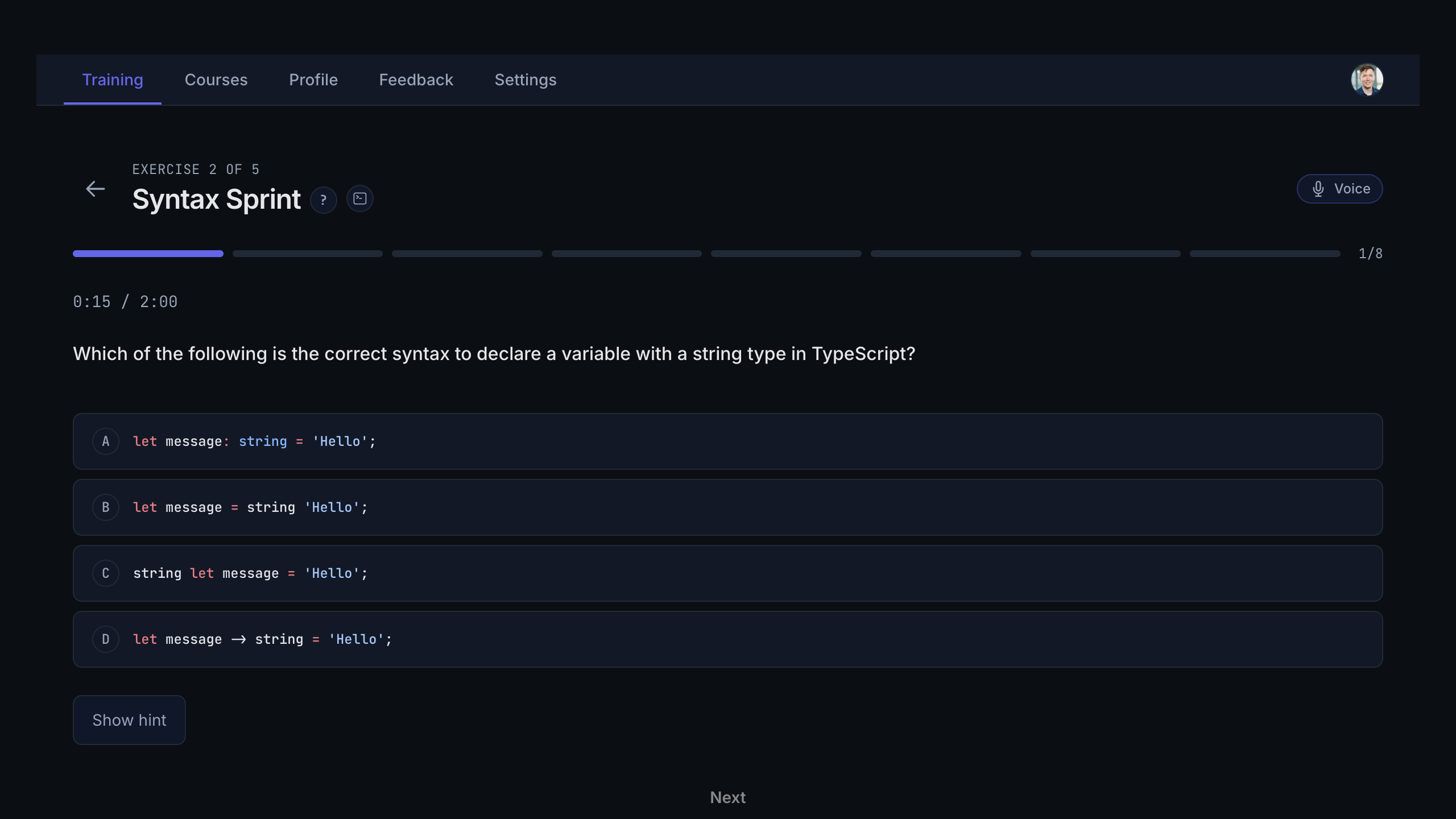 Syntax Sprint exercise showing multiple choice question with progress bar